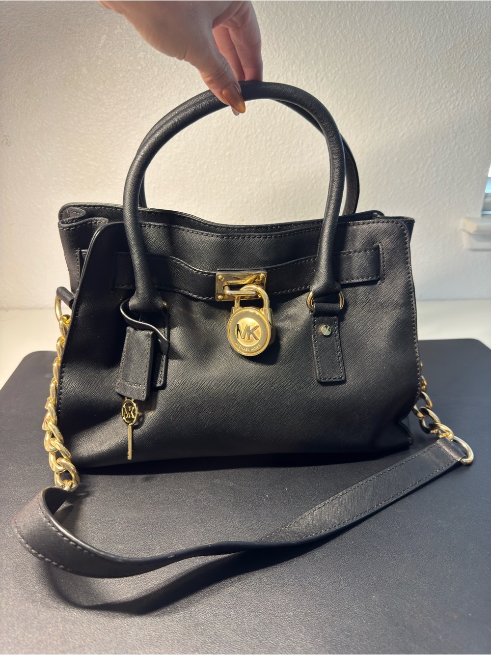 Michael Kors Black Saffiano Satchel with Gold Chain Accents